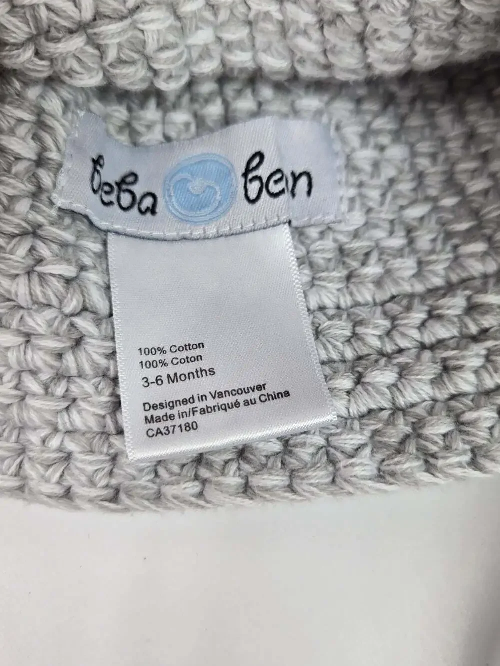 Beba Bean Baby Gray Crochet Knit Bear Hat Bonnet 3-6M 100% Cotton